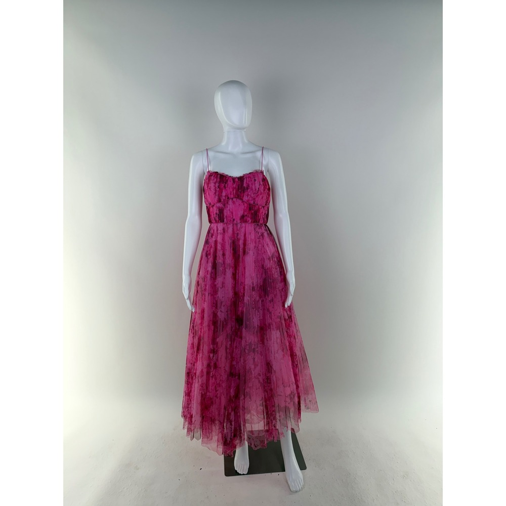 ML Monique Lhuillier Pink Floral Pleated Strapless Midi Dress Size 2 - Picture 3 of 11